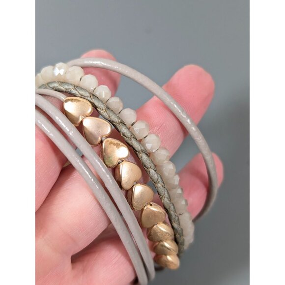 SAACHI Gold Tone Beige Gray Leather Glass Multi Cord Magnetic Bracelet 7" - Picture 5 of 10
